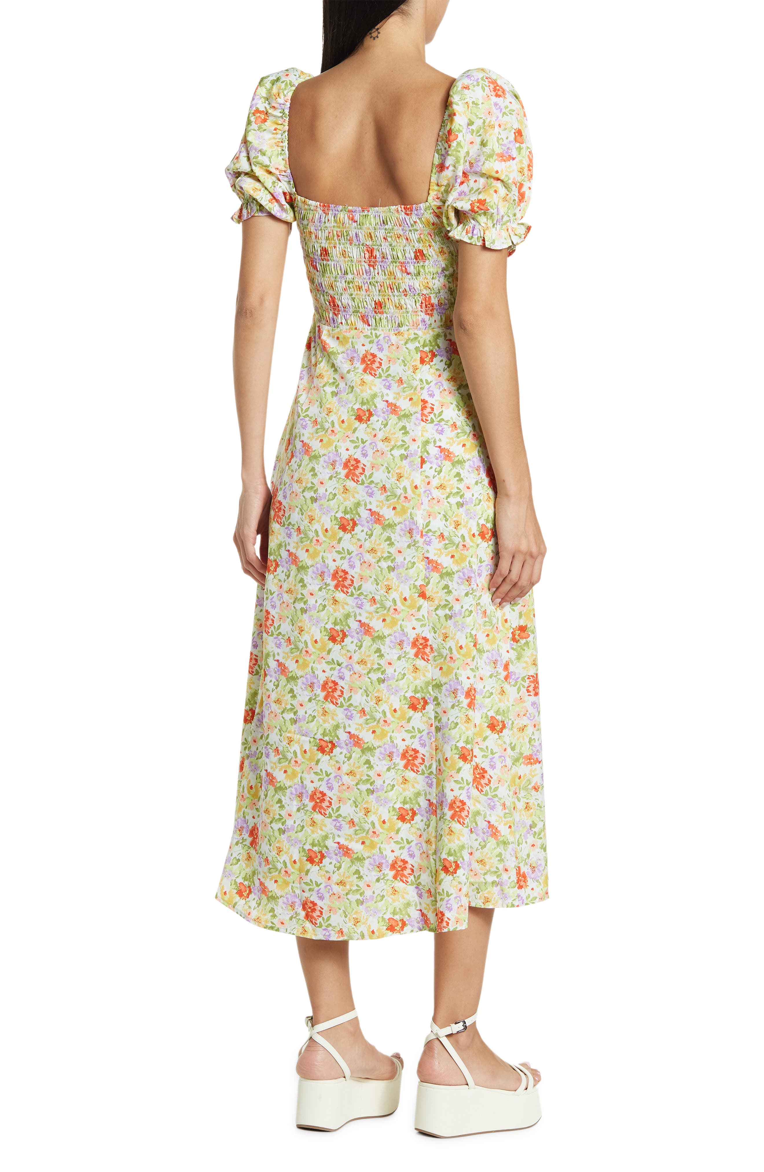 ASTR Smocked Puff-sleeve Midi Dress 