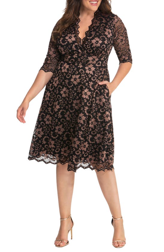Kiyonna Plus Womens Lace Floral Cocktail And Party Dress In Black