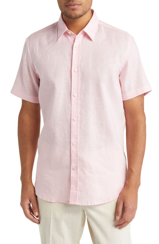 Hugo Boss Ross Slim Fit Short Sleeve Linen Blend Button-up Shirt In Pink