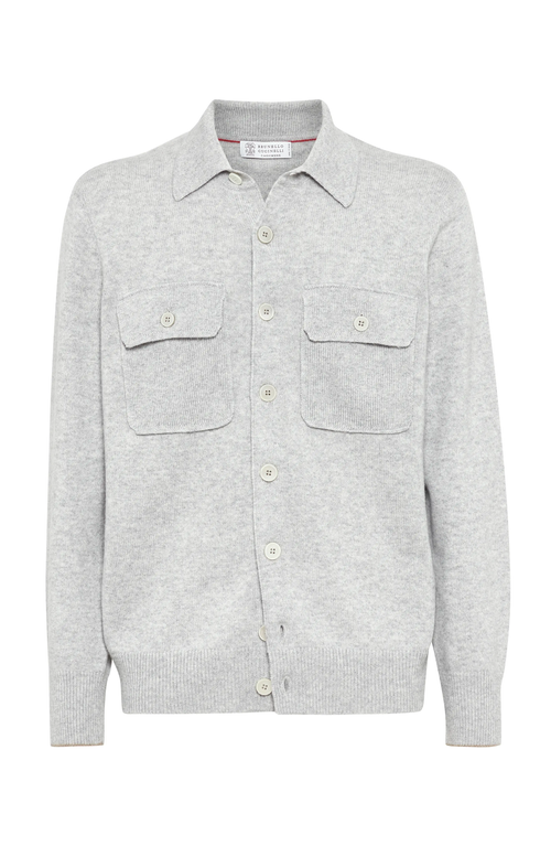 Shop Brunello Cucinelli Cashmere Shirt-style Cardigan With Chest Pockets In Pebble