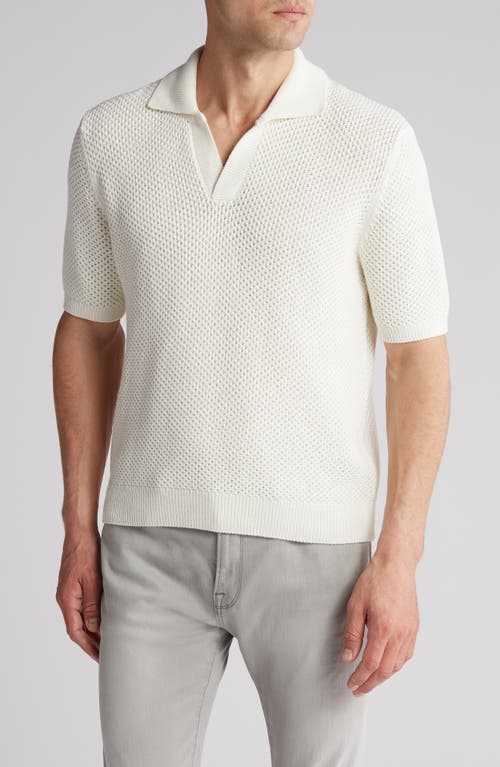 Open Knit Cotton & Silk Polo Sweater in Off White