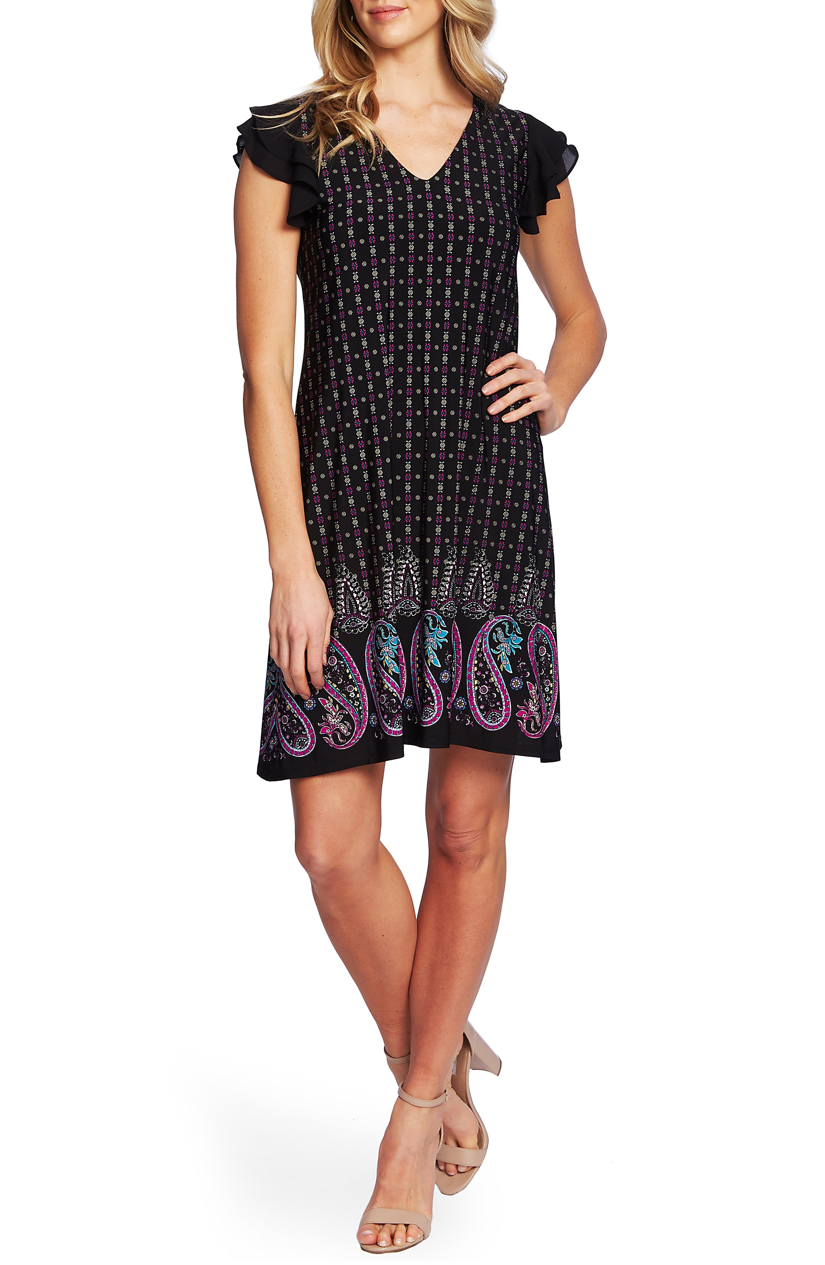 Cece Mosaic Border Flutter Sleeve Shift Dress, Black