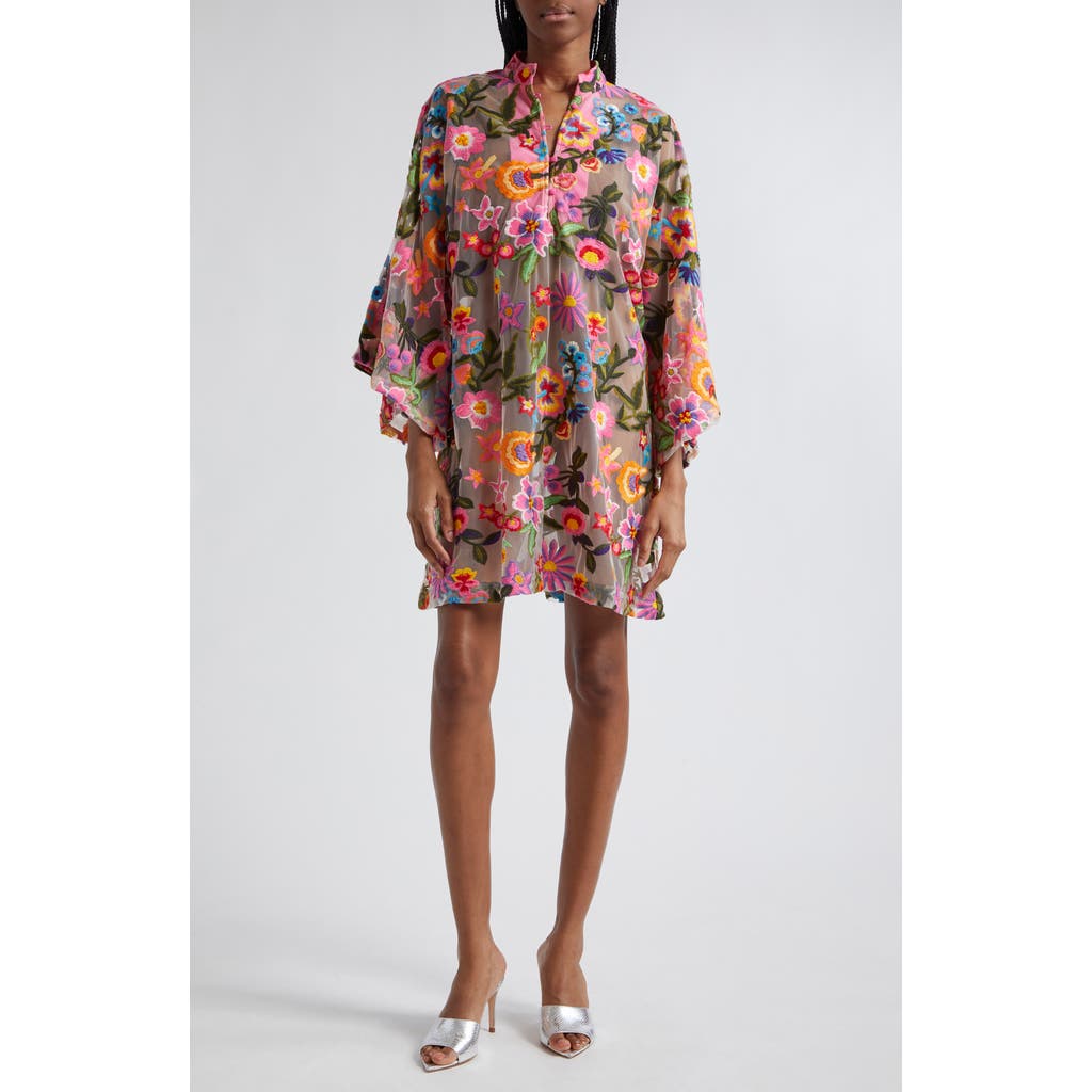 La Vie Style House Tropical Floral Embroidered Cover-up Mini Caftan In Multi