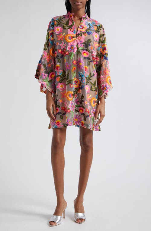Tropical Floral Embroidered Cover-Up Mini Caftan in Pink/Yellow/Blue Multi