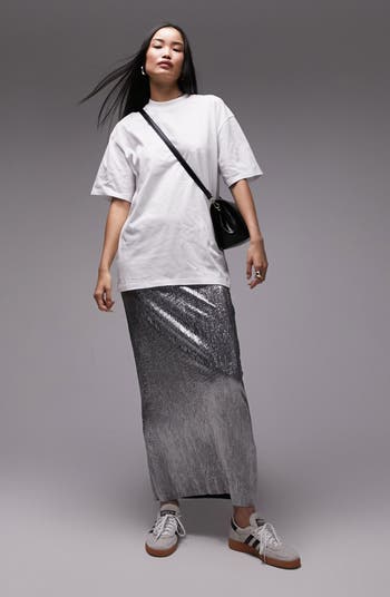 DKNY Girl Silver Metallic Long SKirt & Black Shirt Streetwear Look
