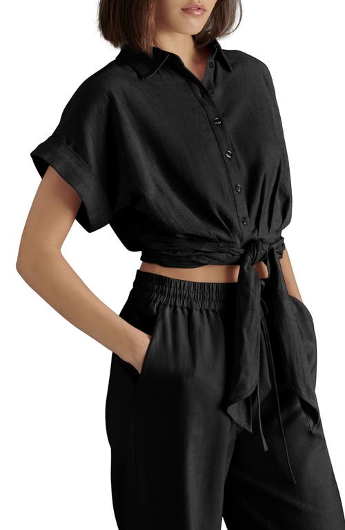 Steve Madden Tori Tie Front Linen Blend Button-up Shirt In Black