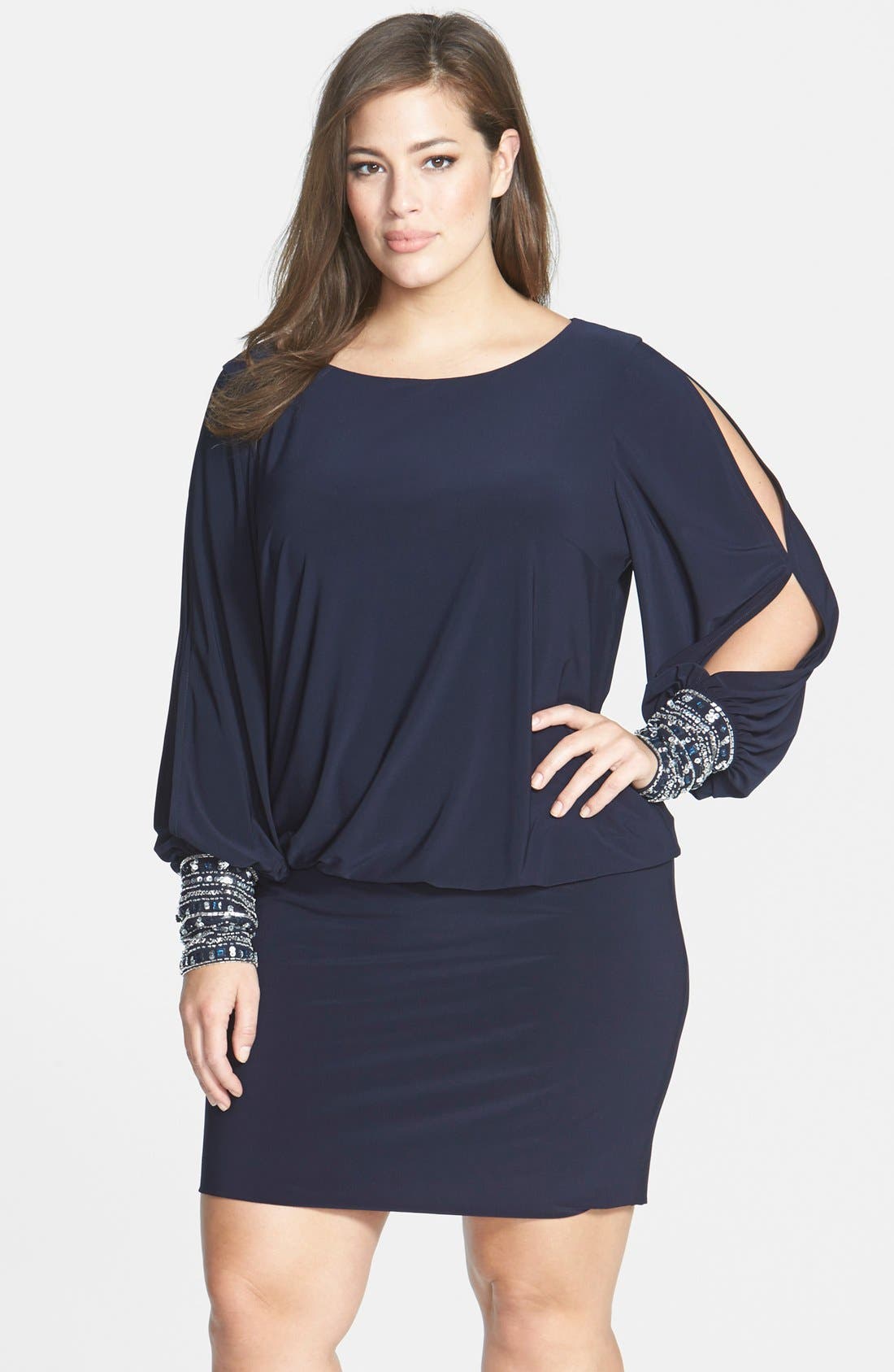 Xscape Matte Jersey Blouson Dress with Beaded Cuffs (Plus Size) Nordstrom