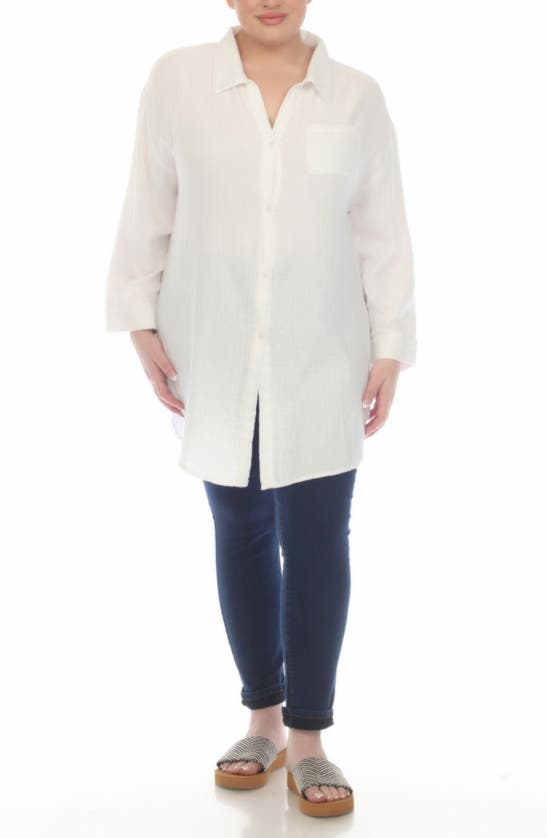 Boho Me Roll Sleeve Button-up Tunic Shirt In White