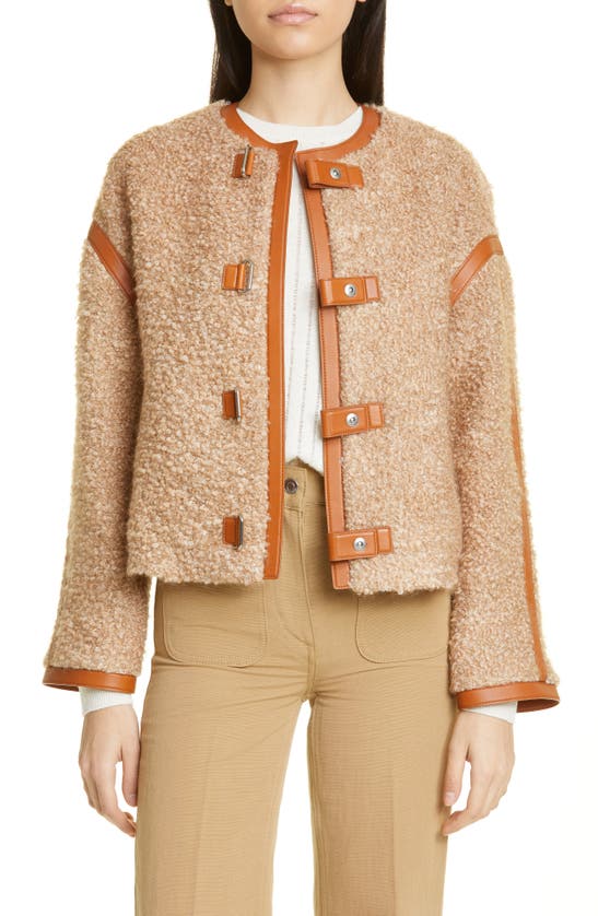 Loro Piana Carina Leather-trimmed Mohair-blend Bouclé Jacket In Brown