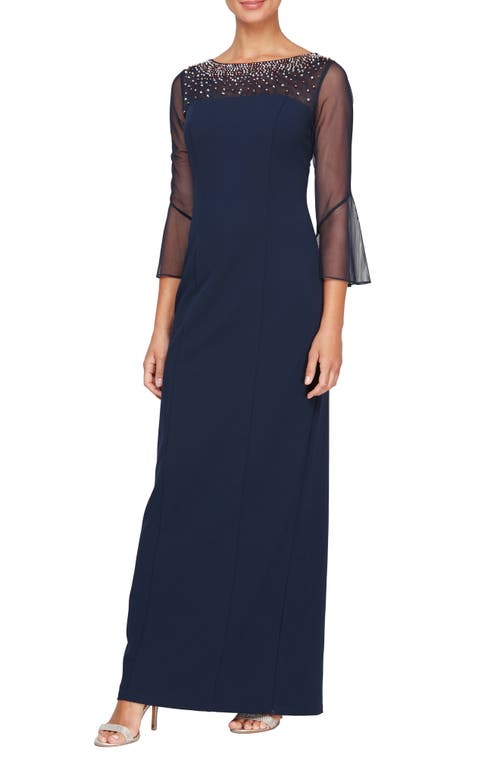 Alex Evenings Rhinestone Yoke Column Gown In Navy/silver