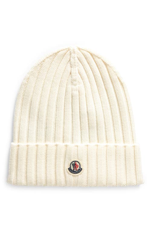 Moncler Logo Patch Cuff Virgin Wool Rib Beanie in White at Nordstrom
