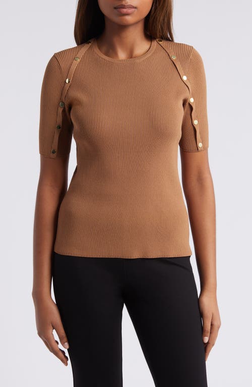 Shop Anne Klein Rib Snap Trim Short Sleeve Crewneck Sweater In Vicuna