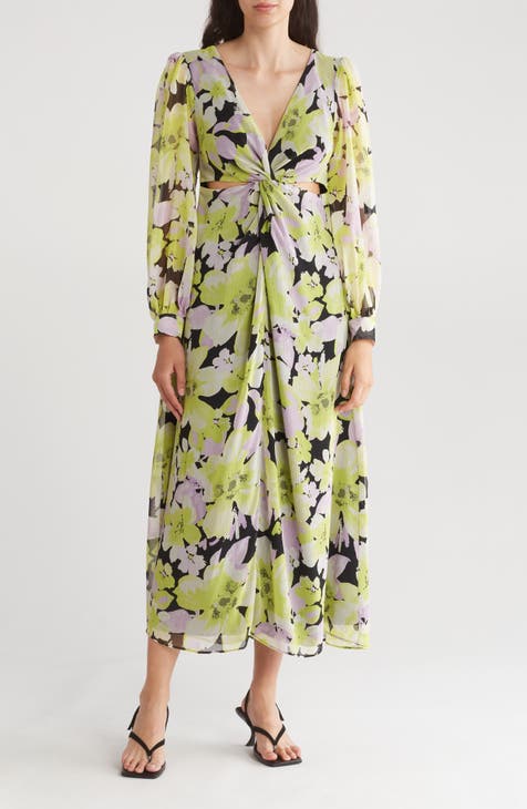 Floral Cutout Twist Front Long Sleeve Chiffon Midi Dress