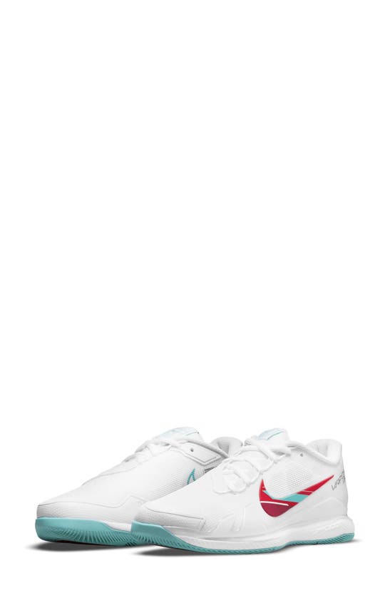 Nike Court Air Zoom Vapor Pro Tennis Shoe In White/ Washed Teal/ Red