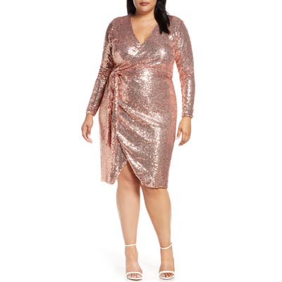 Plus Size Eloquii Long Sleeve Sequin Wrap Dress, Pink
