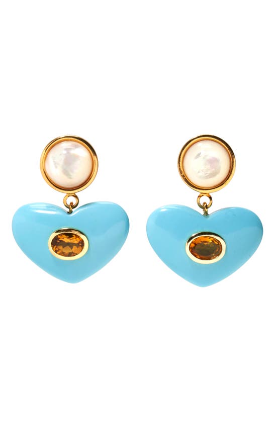 Shop Lizzie Fortunato Enamored Imitation Pearl & Heart Drop Earrings In Turquoise