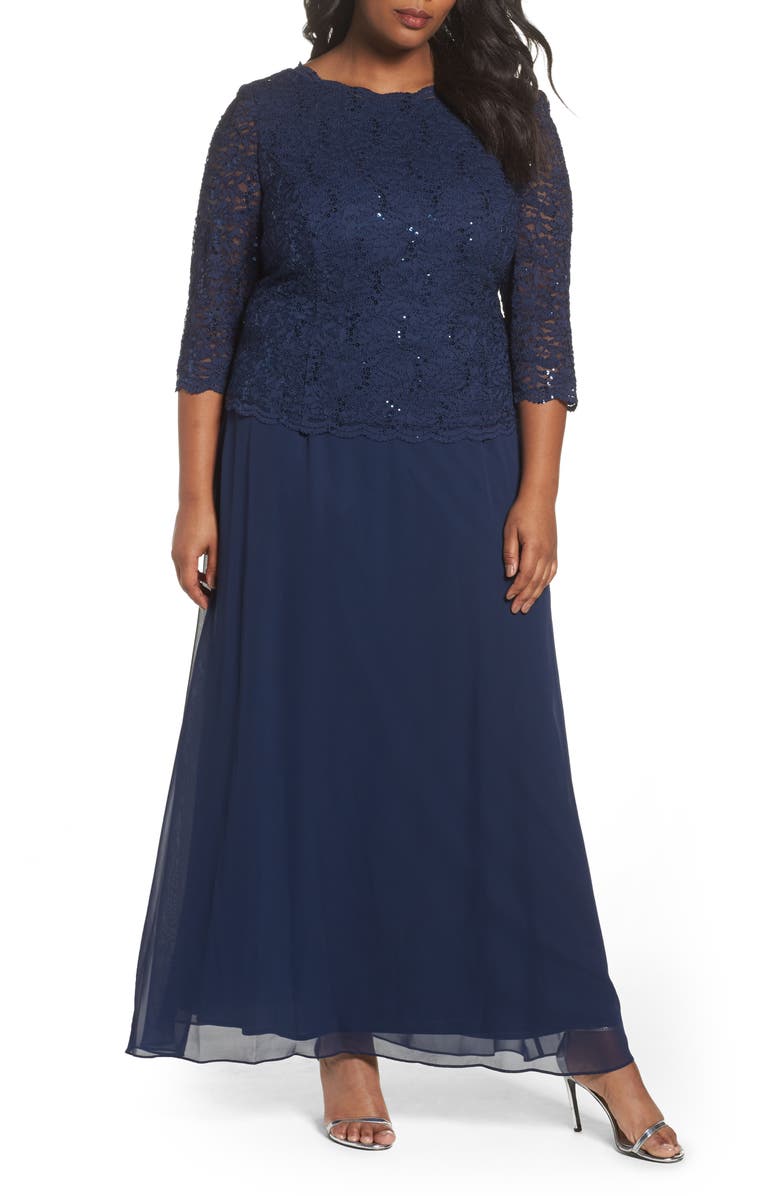 ALEX EVENINGS Mock Two-Piece A-Line Gown, Main, color, NAVY