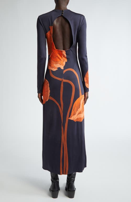 Shop Johanna Ortiz Colorful Allegory Long Sleeve Stretch Satin Midi Dress In Papaver Somniferum/navy