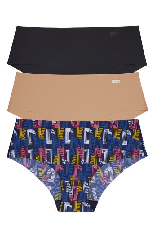 Dkny Litewear Cut Anywhere Assorted 3-pack Hipster Briefs In Black/glow/striped Logo