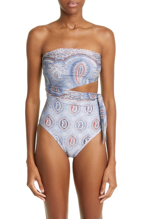 Zimmermann Vitali Paisley Cutout Strapless One-Piece Swimsuit in Blue Paisley
