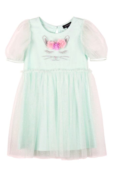 Kids' Puff Sleeve Glitter Mesh Fit & Flare Dress (Toddler & Little Kid)