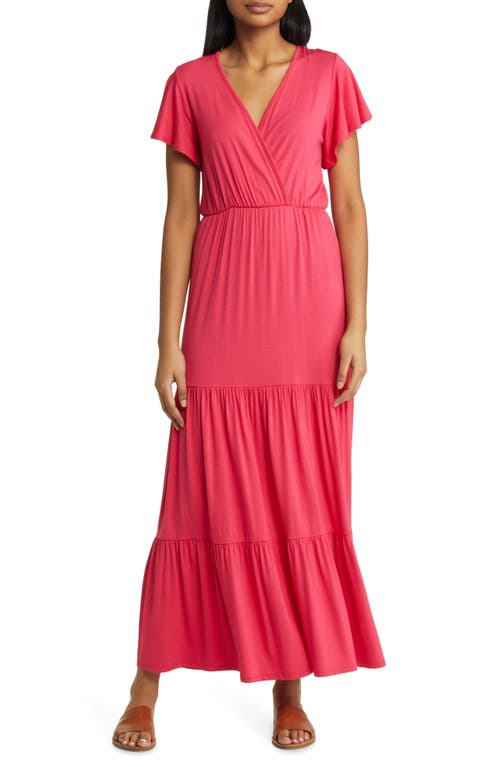 Tiered Faux Wrap Knit Maxi Dress in Pink Polish
