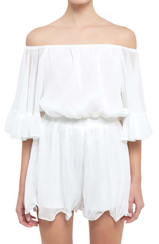 Shop Endless Rose Off The Shoulder Ruffle Sleeve Romper In White