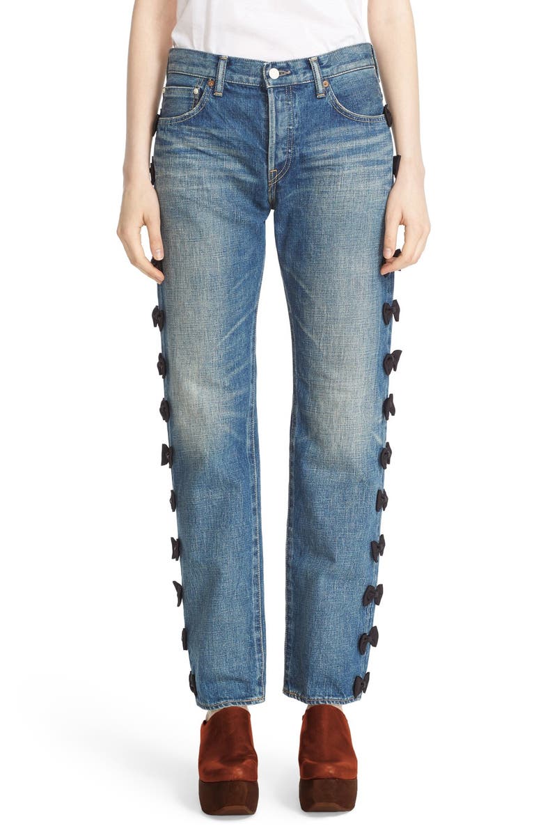 TU ES MON TRÉSOR Grosgrain Bow Embellished Jeans, Main, color, Black
