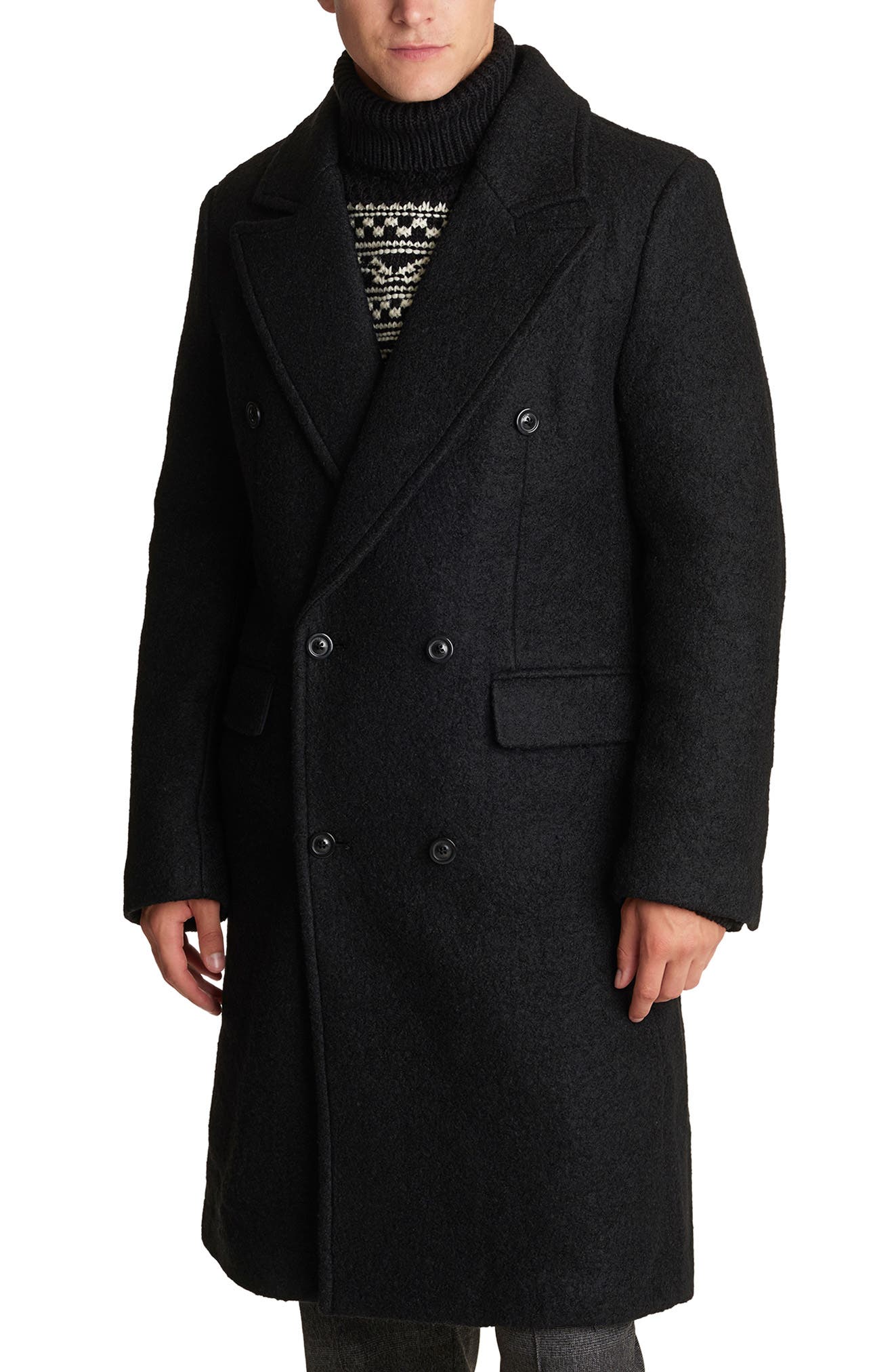 Karl Lagerfeld Wool Blend Double Breasted Topcoat In Black