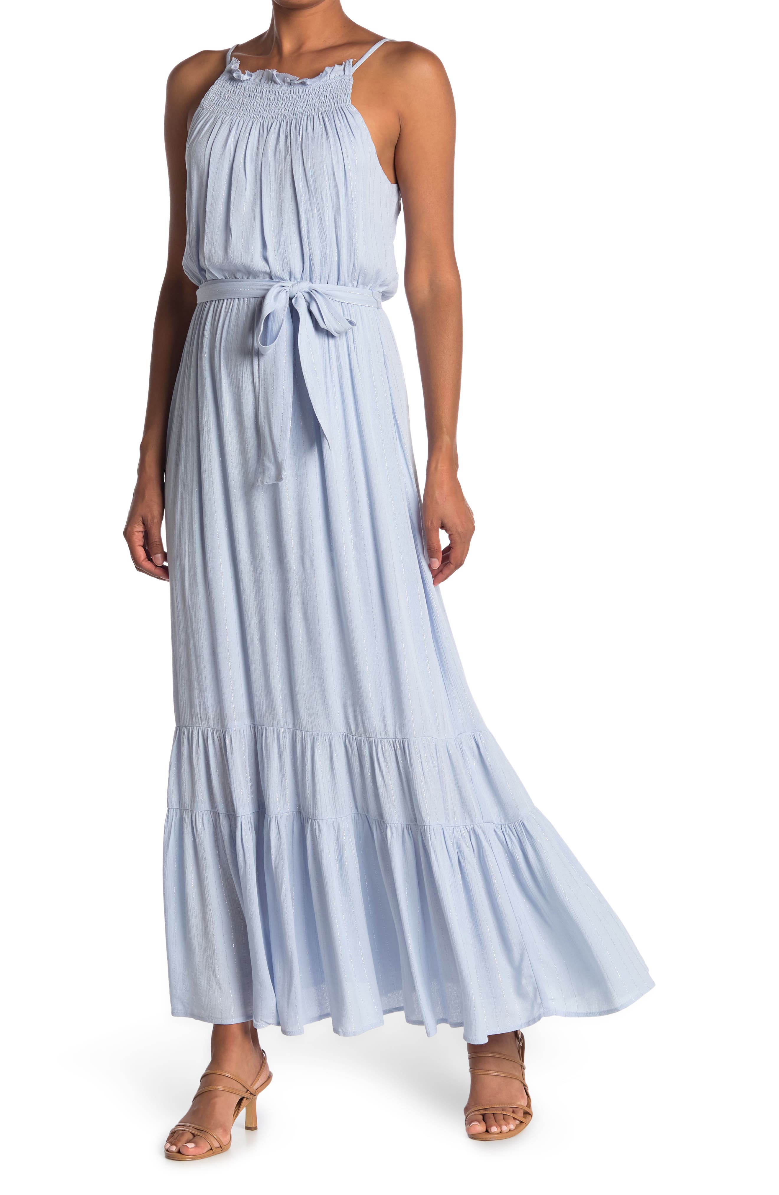 smocked tiered maxi dress