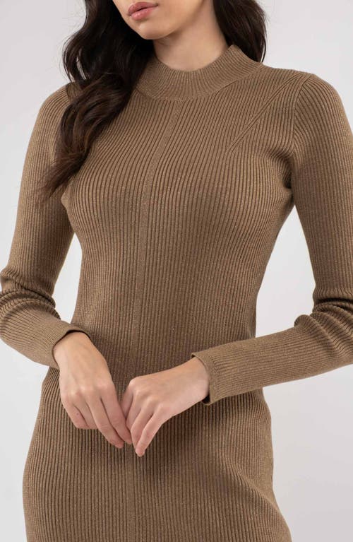 Shop August Sky Shimmery Ribbed Long Sleeve Midi Sweater Dress In Mocha