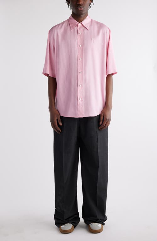 Acne Studios Tonal Stripe Short Sleeve Lyocell Button-up Shirt In Blush Pink