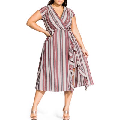 Plus Size City Chic Be Free Stripe Faux Wrap Dress, Ivory