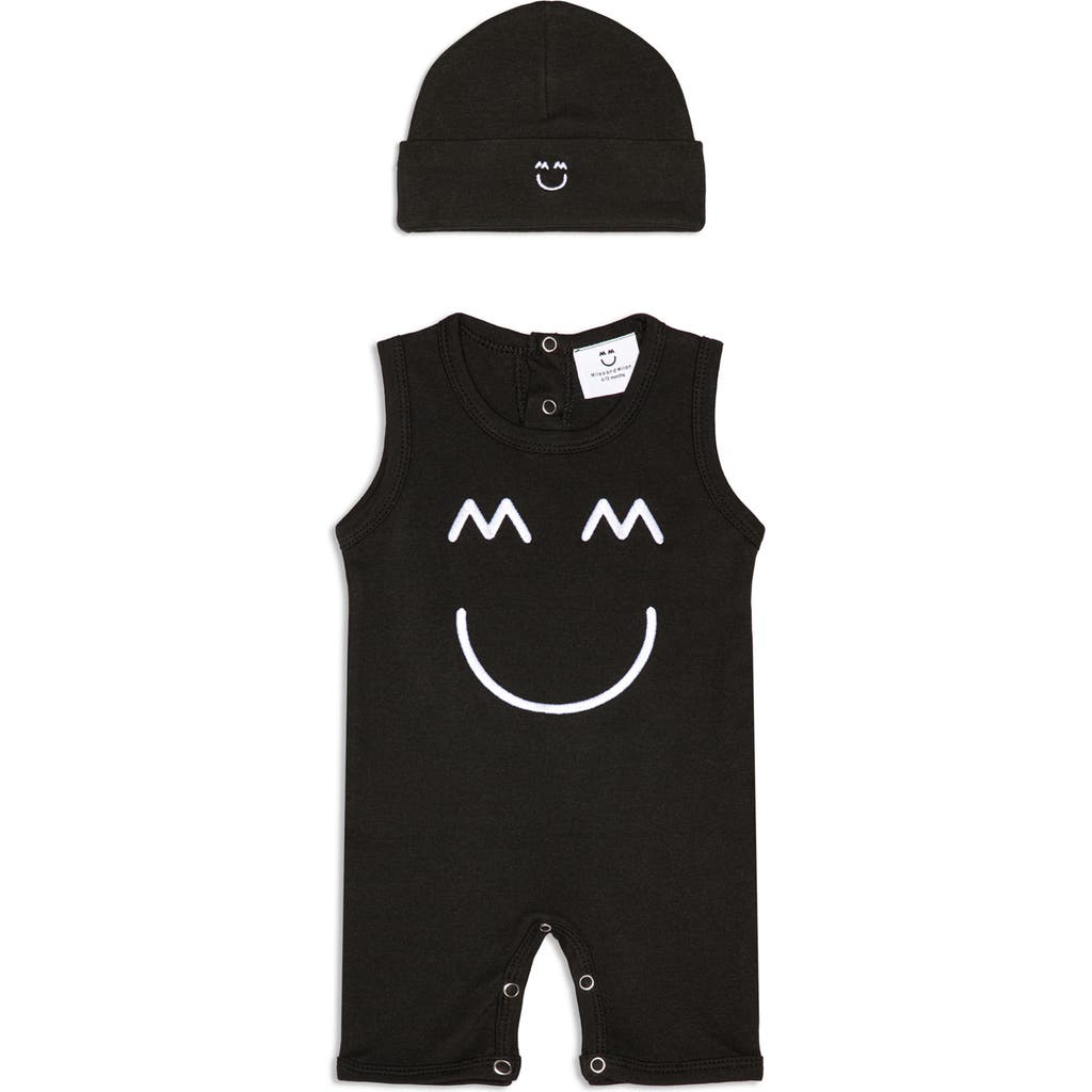 Miles And Milan Sleeveless Embroidered Romper & Hat Set In Black
