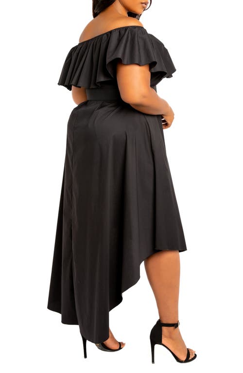 Buxom Couture Flounce Off The Shoulder High-low Dress In Black