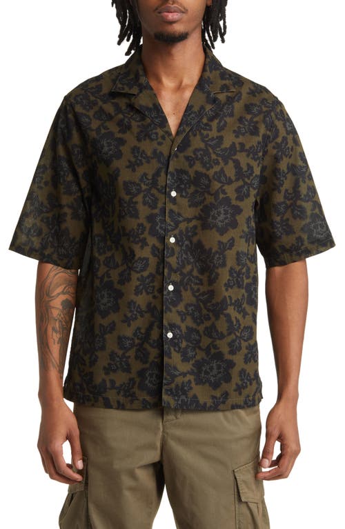 Officine Générale Erenss Oversize Floral Textured Short Sleeve Camp Shirt in Olive/Green/Black at Nordstrom, Size Large