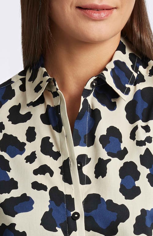 Foxcroft Charlie Leopard Print Cotton Button-up Shirt In Pacific Blue Mu