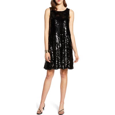 Halogen Sleeveless Sequin A-Line Dress, Black