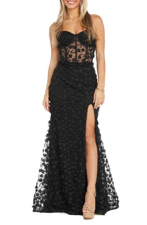 3D Floral Strapless Mermaid Gown in Black/Nude