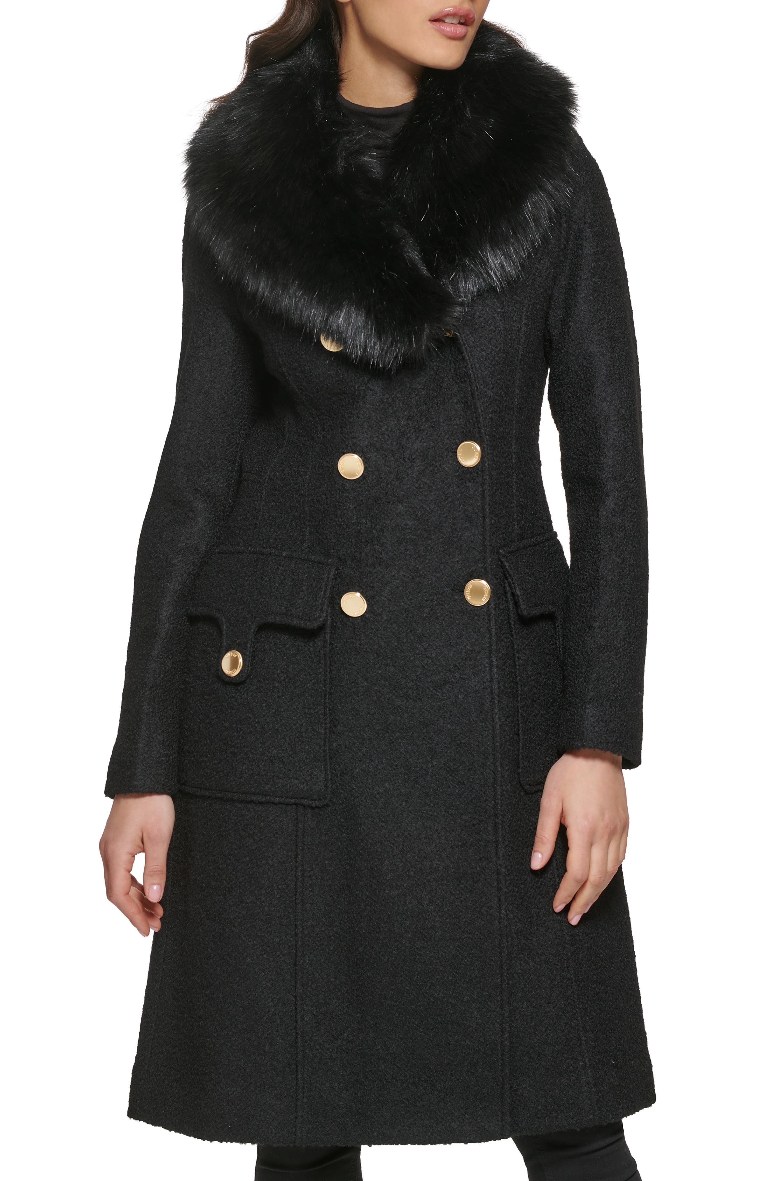GUESS Women's Faux Fur Collar Double-Breasted Walker Coat Black Size X-Small