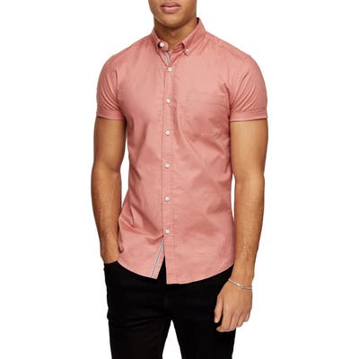 Topman Short Sleeve Button-Down Stretch Oxford Shirt, Pink