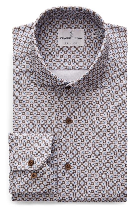 Shop Emanuel Berg 4flex Modern Fit Print Knit Button-up Shirt In Medium Brown