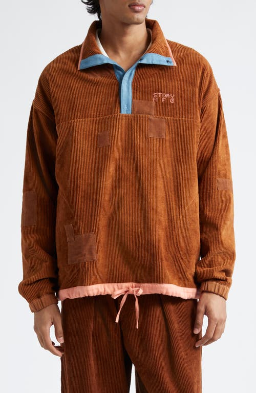 Story mfg. Polite Patchwork Organic Cotton Corduroy Pullover in Brown Scarecrow Cord 