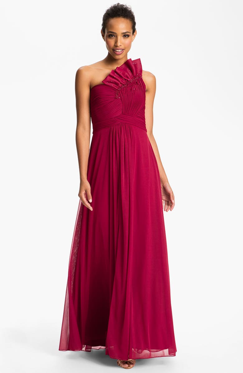 Adrianna Papell Origami Pleat One Shoulder Mesh Gown | Nordstrom