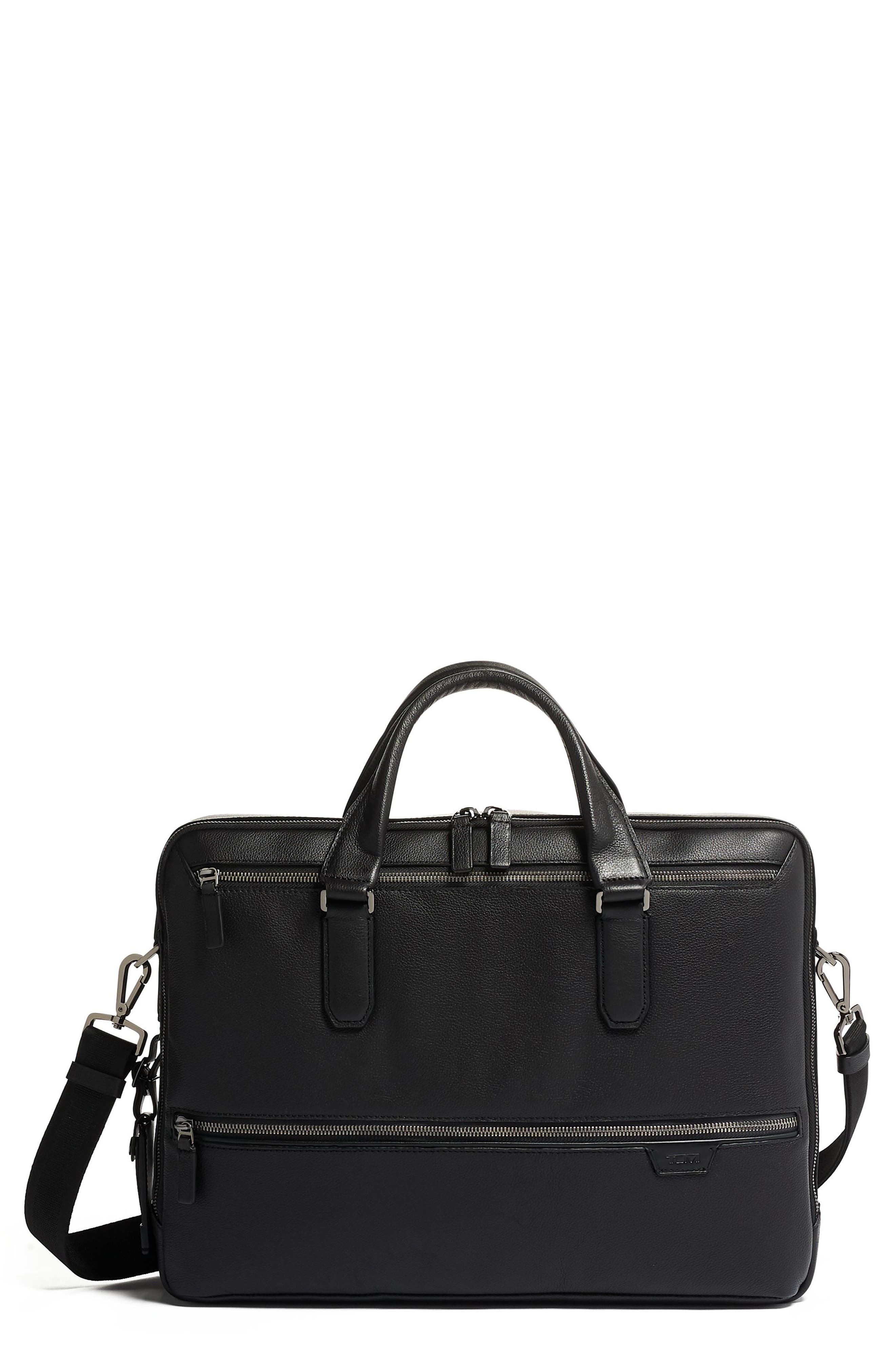 tumi black leather briefcase