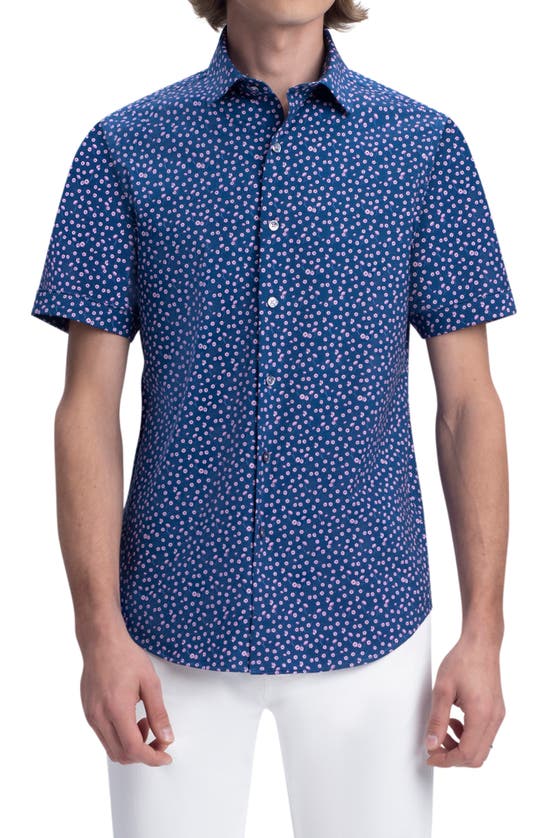 Bugatchi Tech Short Sleeve Stretch Cotton Button-up Shirt In Navy
