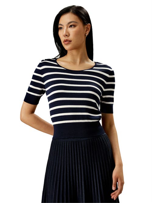 Lilysilk Silk Striped Cropped Knit Top In Navy Blue And White Stripes