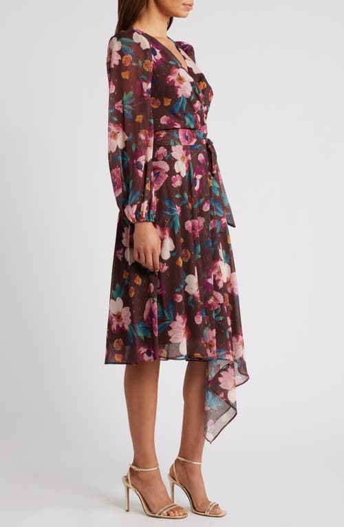 Shop Eliza J Floral Long Sleeve Faux Wrap Dress In Brown