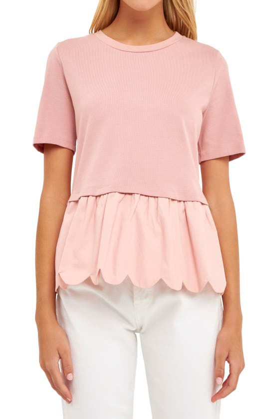 Shop English Factory Mixed Media Scallop Peplum Cotton Top In Dusty Pink