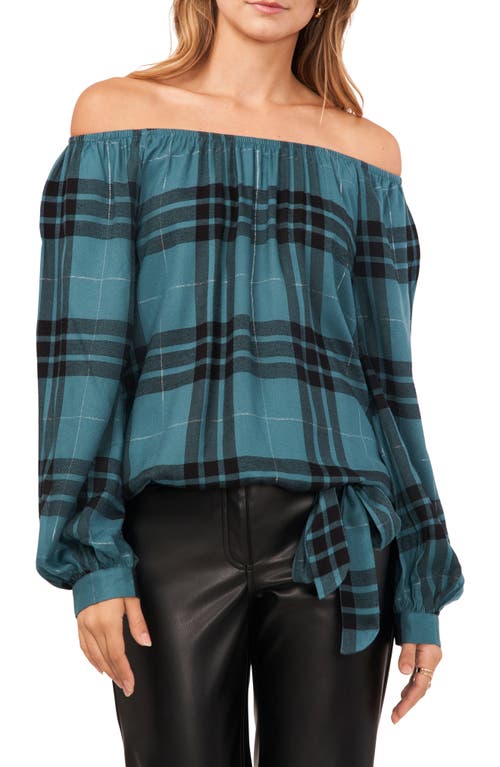 Vince Camuto Metallic Plaid Off the Shoulder Top Deep Forest at Nordstrom,
